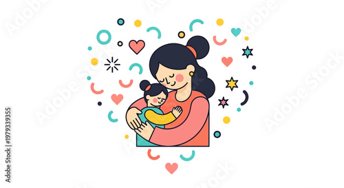 Mother holding her child lovingly inside a heart shape filled with colorful confetti and stars, celebrating family and affection