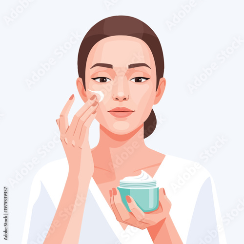 Flat Style Illustration of a Woman Applying Facial Cream to Face