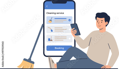 Man sitting relaxed with cleaning service app on phone and broom nearby