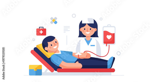 Blood donation concept illustration of donor lying on couch with nurse and blood bag