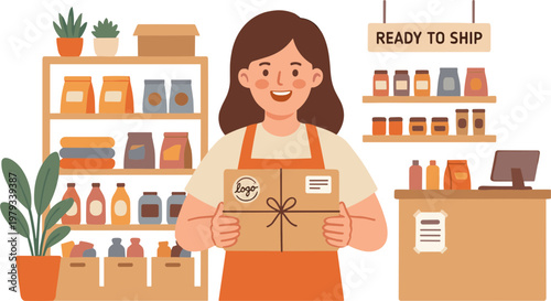 A woman holds a package at a store counter with shelves and boxes.