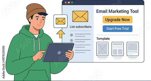 Man holding tablet next to email marketing tool on computer screen
