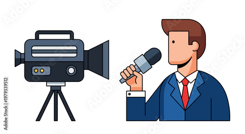 Dynamic Media Production and News Reporting Duo Journalist Interviewing with Microphone and Classic Camera