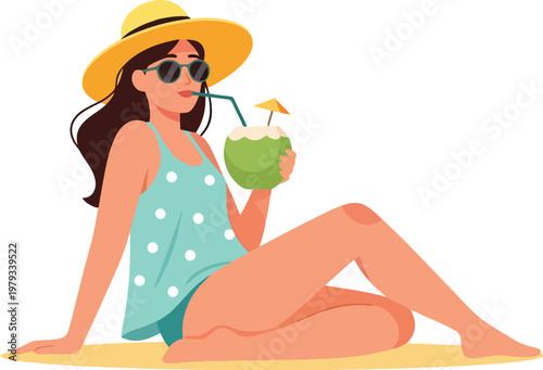 Flat Illustration of Woman Relaxing on Beach with Coconut Drink Character