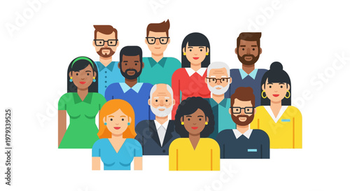 Diverse group of professionals in business meeting illustration on white background