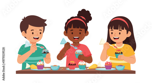 Three happy diverse children are sitting at a wooden table and joyfully decorating various colorful cupcakes with icing bags and spoons.