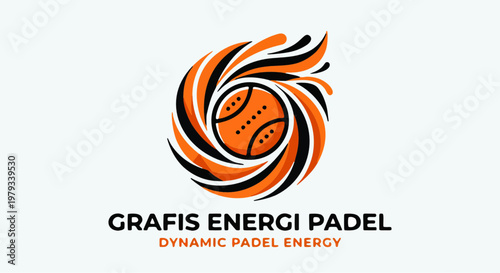 Abstract padel ball logo with swirling orange and black shapes, symbolizing motion, power, and modern sports branding for active lifestyle businesses.