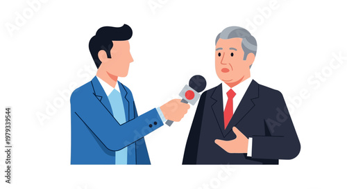 Professional male journalist conducts a formal interview with a distinguished senior businessman, capturing important statements for media broadcast