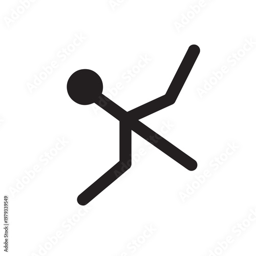 Minimalist falling person icon, black stick figure slipping and losing balance, simple human pictogram representing accident or injury risk