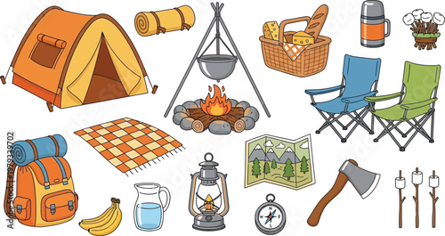 Essential camping gear and supplies for outdoor adventures Vector