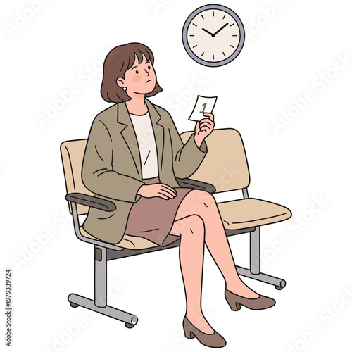 A woman sits on a chair holding a ticket and looking at a clock.