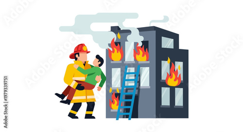 Firefighter heroically rescuing a child from a burning building with flames visible in windows