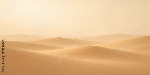 A sun-drenched landscape of yellow sand dunes in the arid Sahara desert of Morocco glows under a hot summer sky during a majestic sunset adventure
