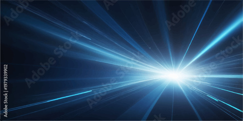 Bright glowing abstract blue background with explosive light rays, laser flares, and a high-speed energy burst designed for a technology cosmos illustration