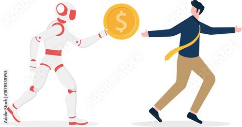 Robot offering a gold coin to a professional