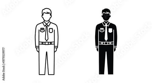 Two depictions of a uniformed security guard one detailed and one silhouette