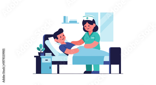 Nurse caring for a patient in a hospital bed, providing comfort and medical assistance with a friendly demeanor