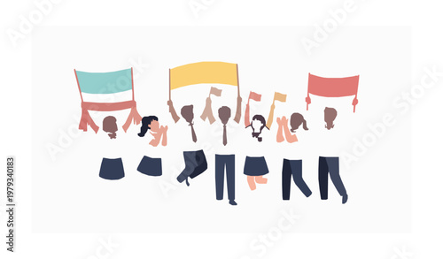 Korean middle school students cheering with banners and flags for high school team flat vector illustration isolated on white background