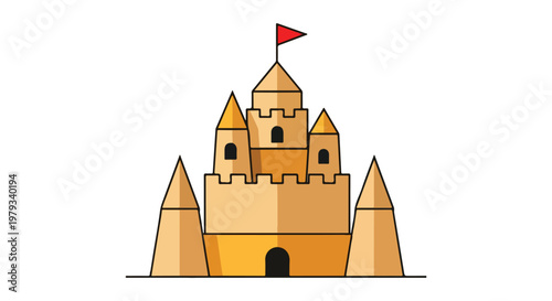 2D illustration of a sandcastle with multi-tiered towers, conical roofs, crenellated walls, a central arched entrance, and a red triangular flag on a white background.