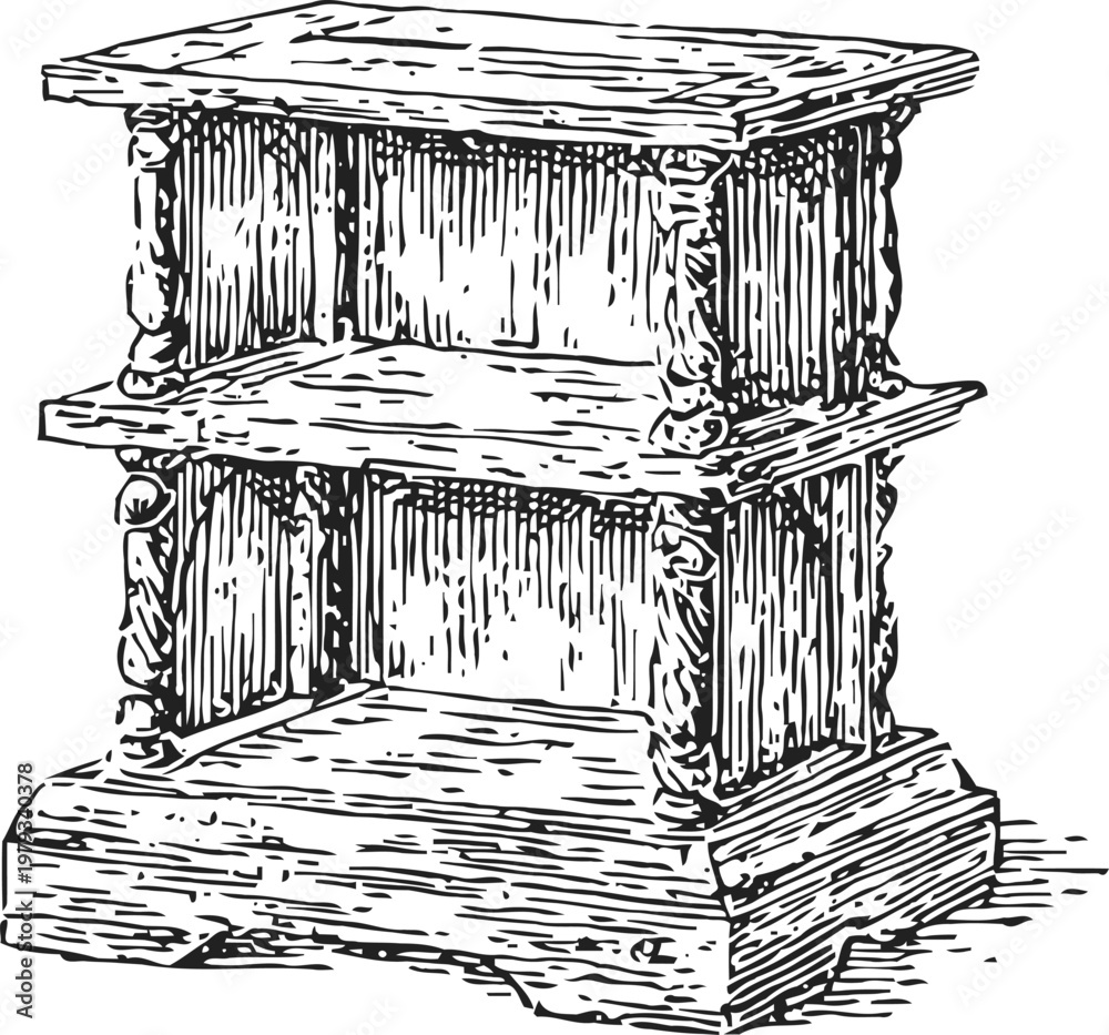 Fototapeta premium Antique wooden nightstand with two shelves and ornate carved pillars vintage furniture illustration