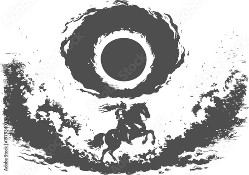 Dark horse rider silhouette under a dramatic solar eclipse with swirling clouds and atmospheric smoke