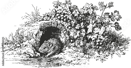 vintage illustration of a rat emerging from a hollow log near grapes and foliage by the water