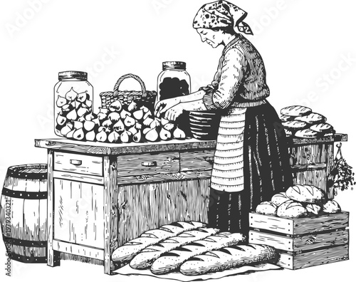 Woman preparing garlic and bread at rustic wooden table vintage black and white illustration