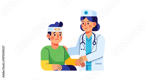 Young patient with bandaged head receiving care and reassurance from a smiling doctor in a medical setting