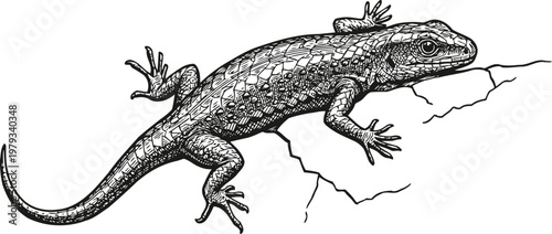 Detailed black and white illustration of a lizard climbing on cracked surface with textured scales and claws
