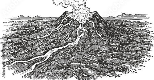 Erupting volcano mountain with smoke and lava flowing from crater in vast landscape vintage drawing