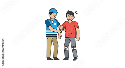 Person in Uniform Assisting Another Person with Torn Pants, Showing Support and Guidance