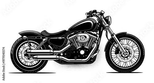 Classic Black Motorcycle Illustration Side View.