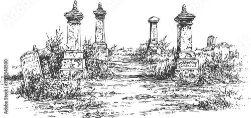 Old cemetery pathway with weathered stone pillars and cracked tombstones surrounded by grass