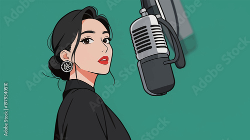 Stylish Woman Speaking into Retro Microphone