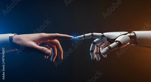Human hand reaching towards advanced robotic hand with futuristic blue light interaction on dark background