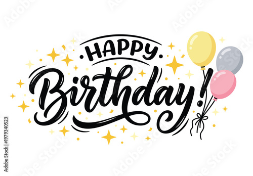 Colorful happy birthday card design featuring a vector illustration with celebration text and party decoration symbols for a holiday greeting sign