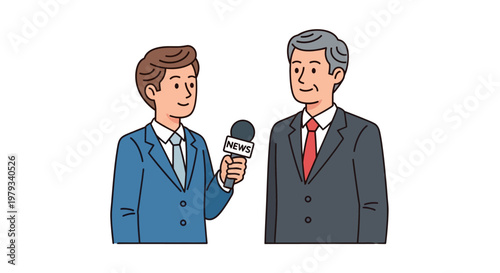 Journalist interviewing a businessman with a microphone for a news report, representing media and communication