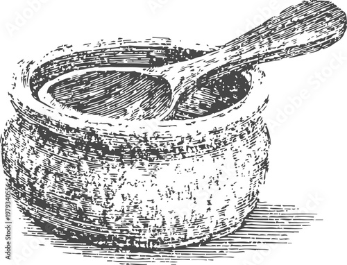 Traditional wooden bowl with spoon hand drawn vintage kitchenware illustration rustic cooking utensil design