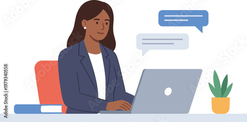 Woman works on laptop with speech bubbles on desk indoors