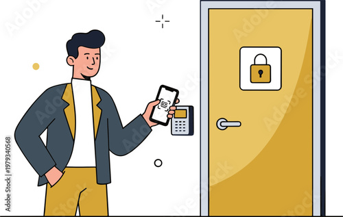 Man holding card approaching locked door with keycard reader installed
