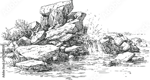 Natural rocky waterfall landscape illustration with flowing water and surrounding plants in black and white