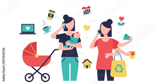 Busy mothers juggling multiple tasks and responsibilities daily with work and family life