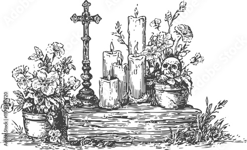 Vintage religious altar with cross, candles, flowers, and skull in hand drawn
