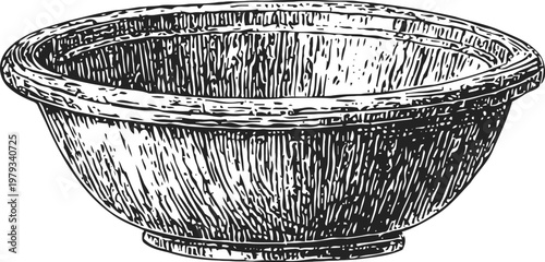 Antique wooden bowl engraving vintage hand drawn kitchenware container illustration rustic round dish, old cookware element