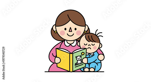 Mother Reading a Bedtime Story Book to a Sleepy Child, Illustrating Family Bonding and Childhood Moments