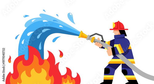 Firefighter in action extinguishing a raging blaze with a powerful stream of water from a hose
