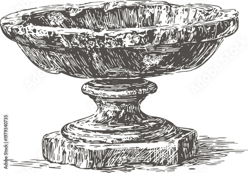 Vintage ornate pedestal bowl detailed hand drawn sketch illustration of decorative antique centerpiece