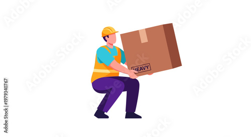 Construction worker in safety vest and hard hat carrying a heavy cardboard box with care and attention