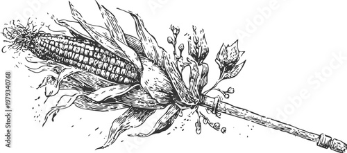 Illustration of traditional native american corn husk broom with detailed hand drawn