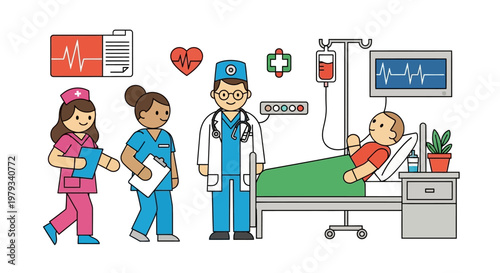 A doctor and nurses attend to a patient in a hospital bed, showcasing medical care and treatment